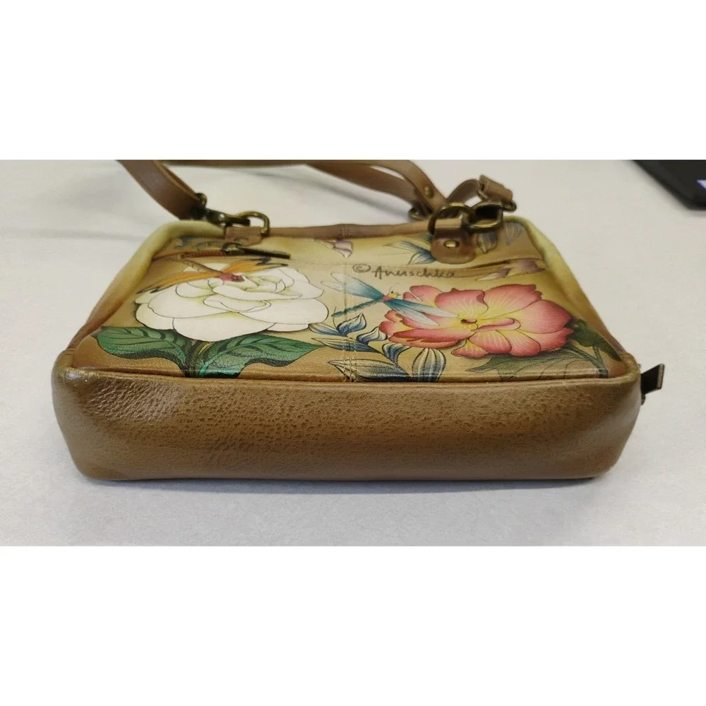 ANUSCHKA Leather Shoulder Bag Hand Painted Colorful Dragonfly & Floral Design‎